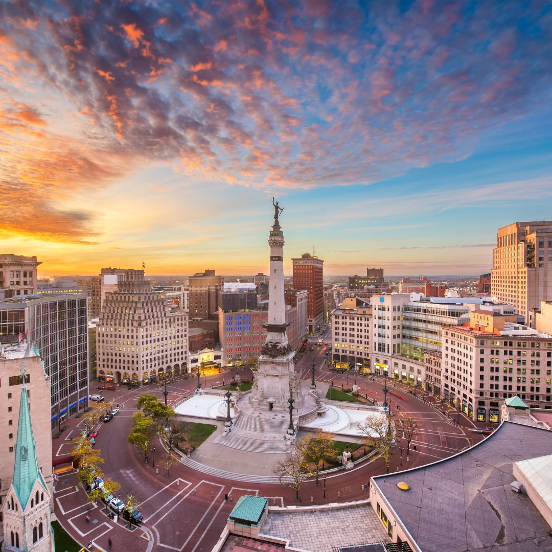 Downtown Indianapolis skyline at sunset