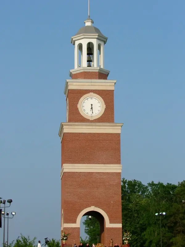 The brick bell tower at Union University