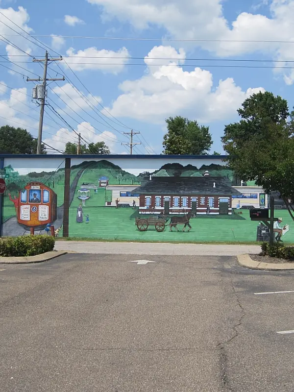 A railroad mural painted on a wall in Jackson